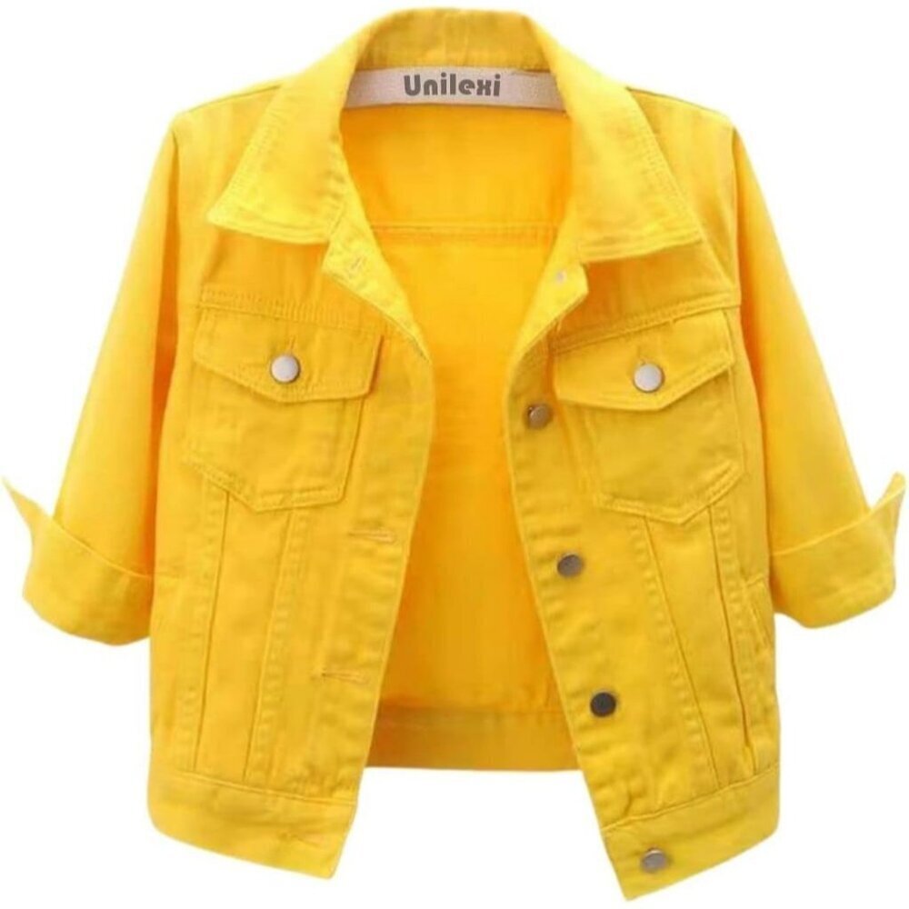 Women's 3/4 Sleeve Colored Cropped Denim Jacket Short Jean Jacket Trucker Yellow